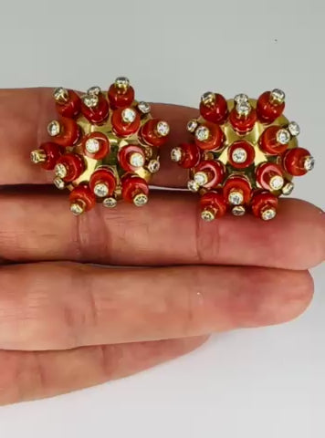 Vintage Aletto Brothers Coral Earrings 18k Gold Diamond Sputnik Design Estate Jewelry