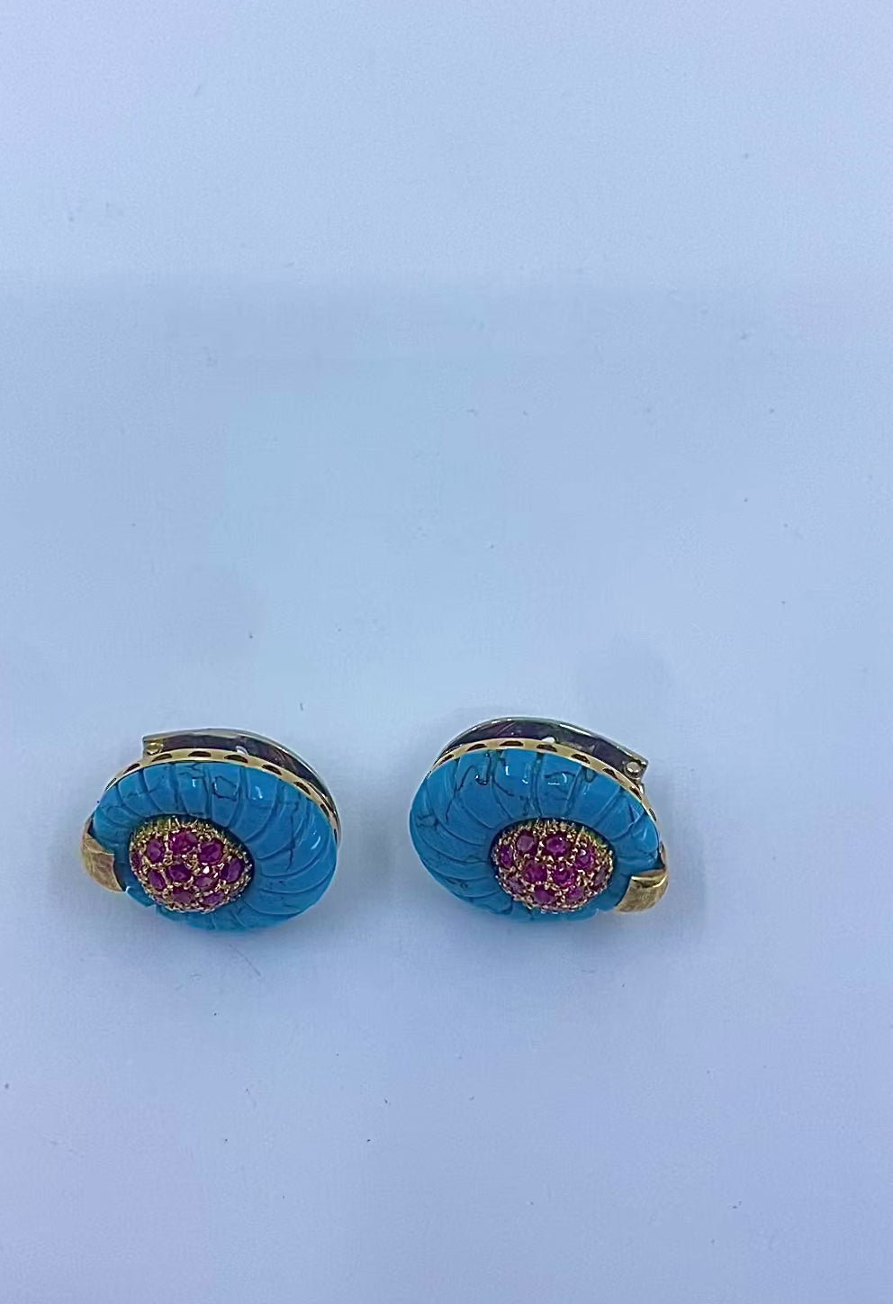 Vintage Carved Turquoise 18k Gold Ruby Stud Earrings