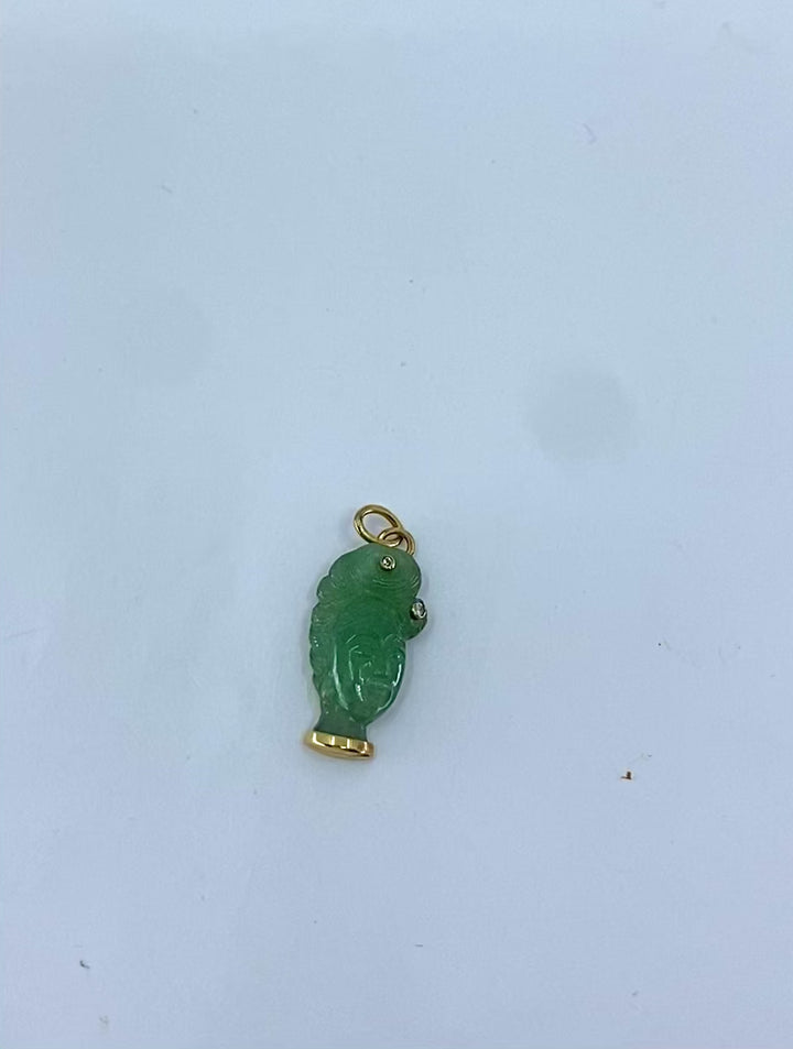 Vintage 14k Gold Carved Jade Lady’s Head Charm Pendant Diamond Accents