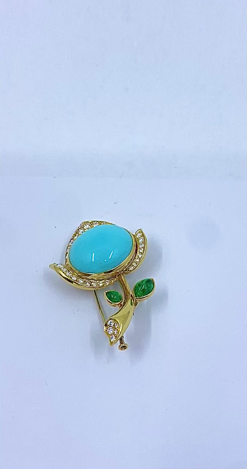 Bvlgari Bulgari 18k Gold Turquoise Flower Brooch Emerald Diamond Accents