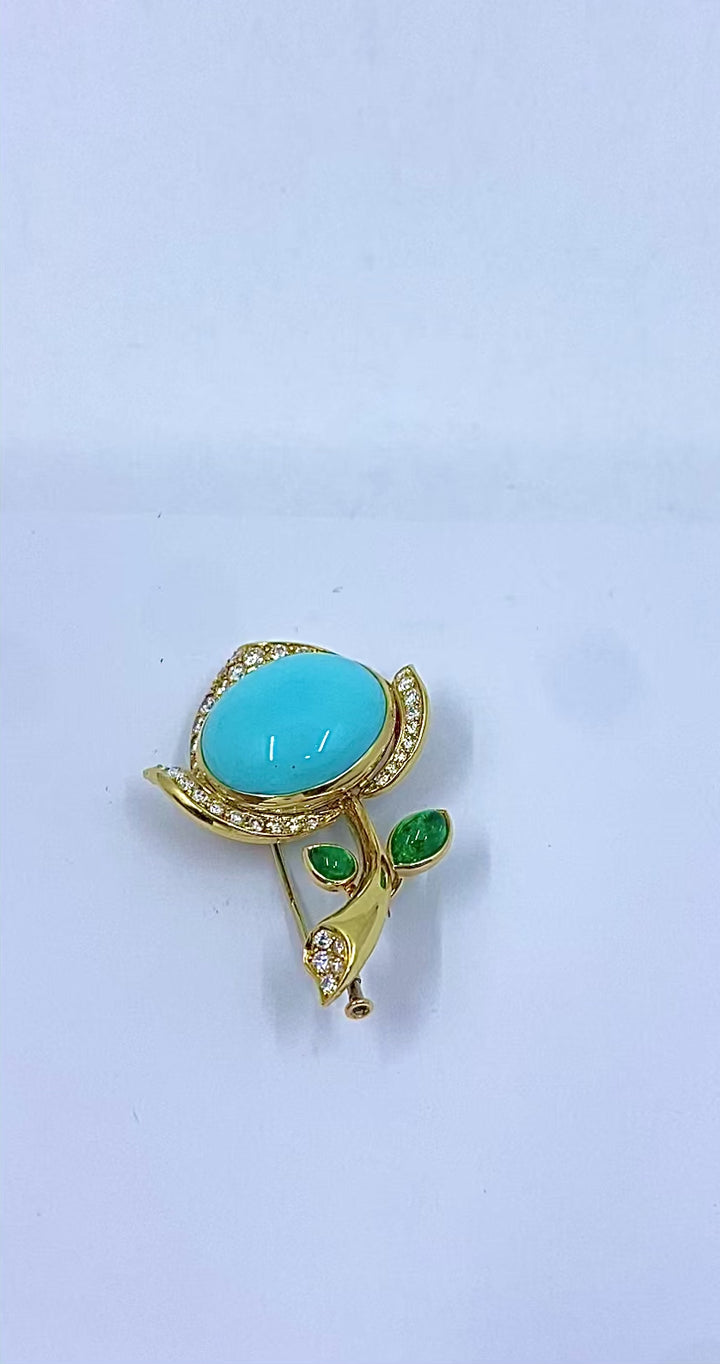 Bvlgari Bulgari 18k Gold Turquoise Flower Brooch Emerald Diamond Accents
