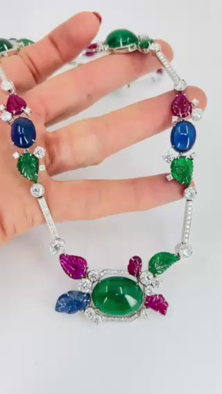 Sabbadini Tutti-Frutti Necklace 18k White Gold Carved Gemstones
