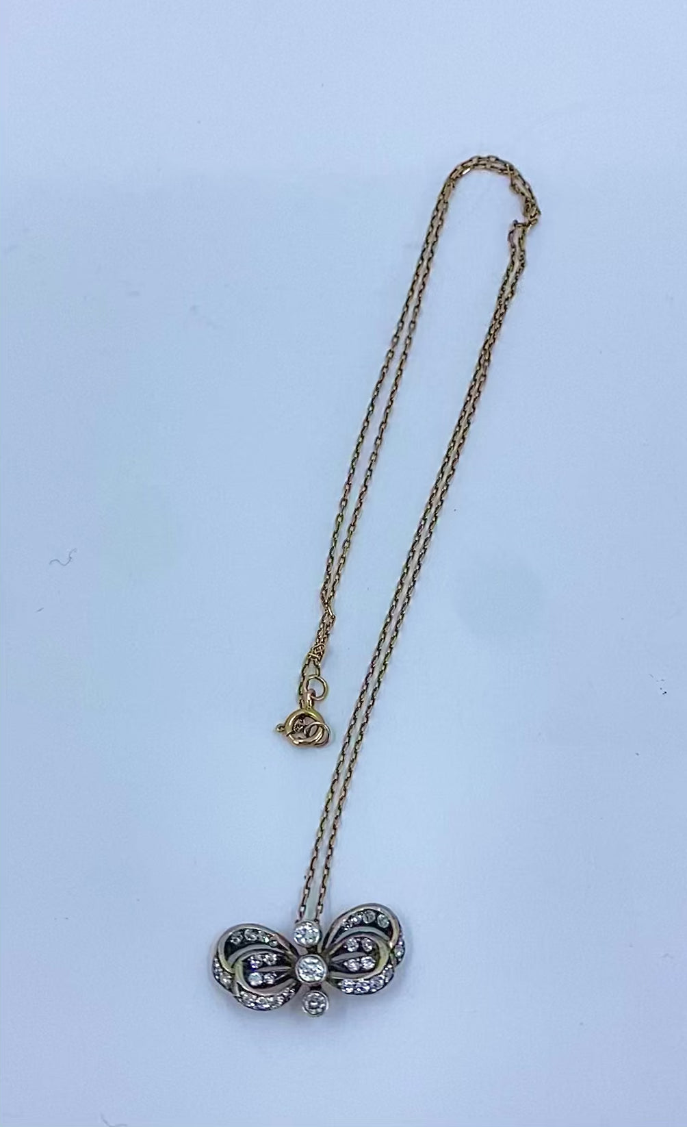 10k Gold Necklace Diamond Bow Pendant Edwardian Style