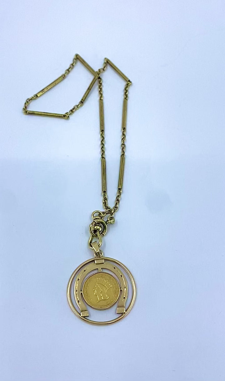 Victorian Revival 14k Gold Indian Princess Dollar Horseshoe Pendant Necklace