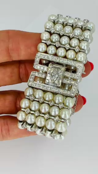 Vintage 1950s 14k White Gold Pearl and Diamond Bracelet Estate Jewelry