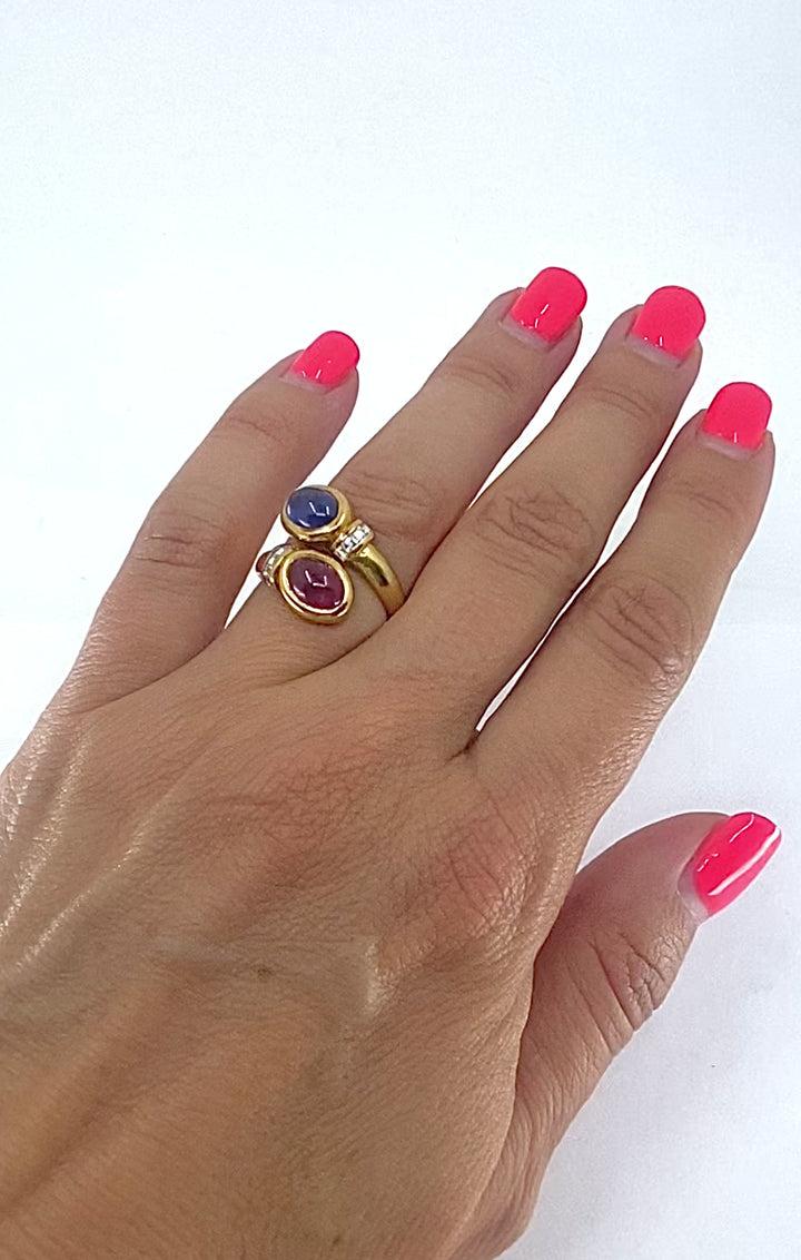 French 18k Gold  Ruby Sapphire Diamond Bypass Ring