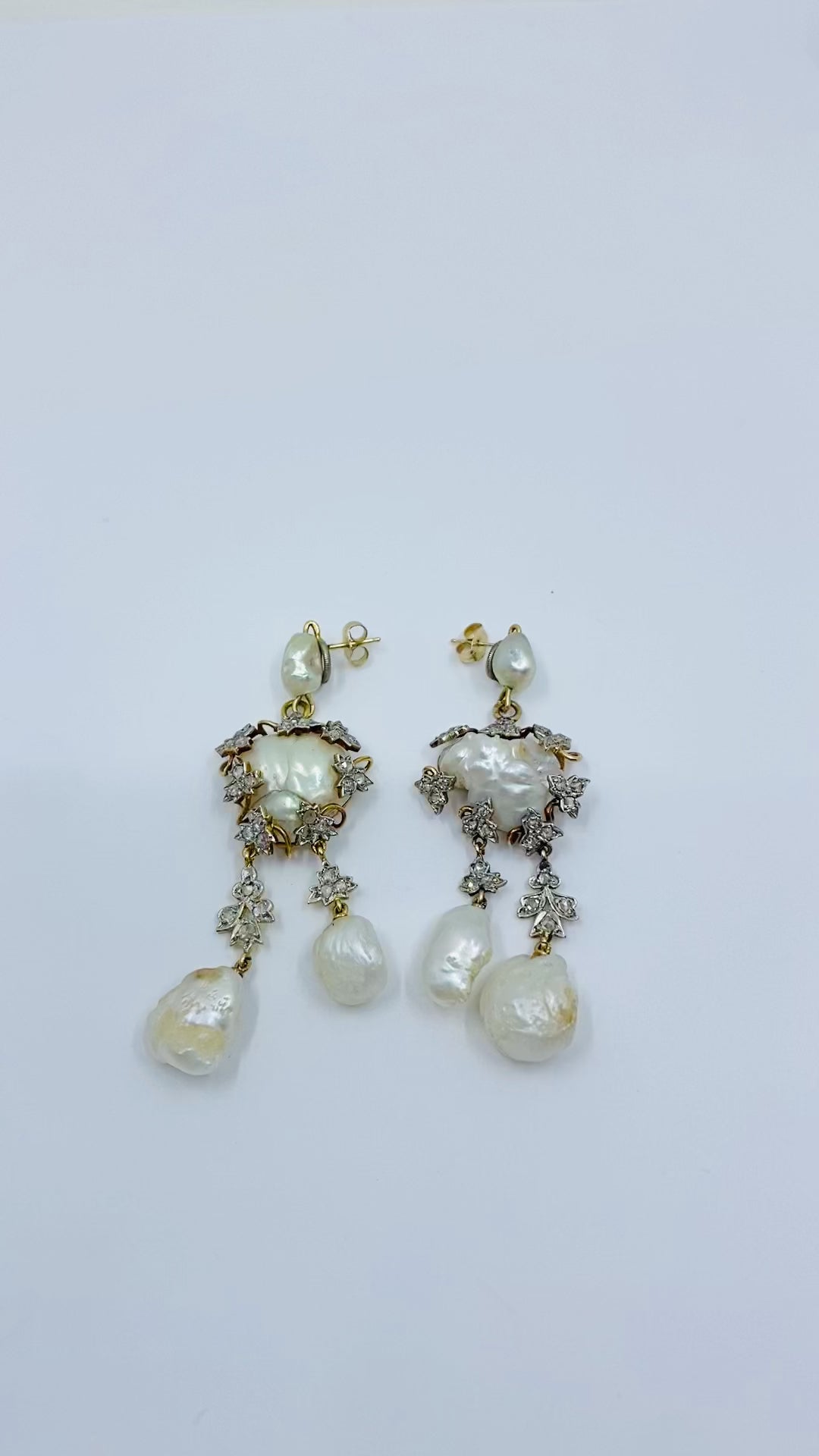 Vintage 14k Gold Baroque Pearl Diamond Dangle Earrings