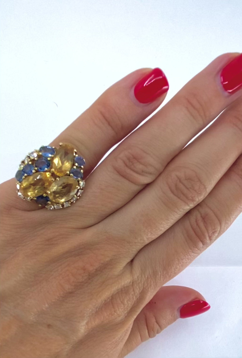 Vintage 14k Gold Imperial Topaz Blue Sapphire Diamond Cluster Cocktail Ring