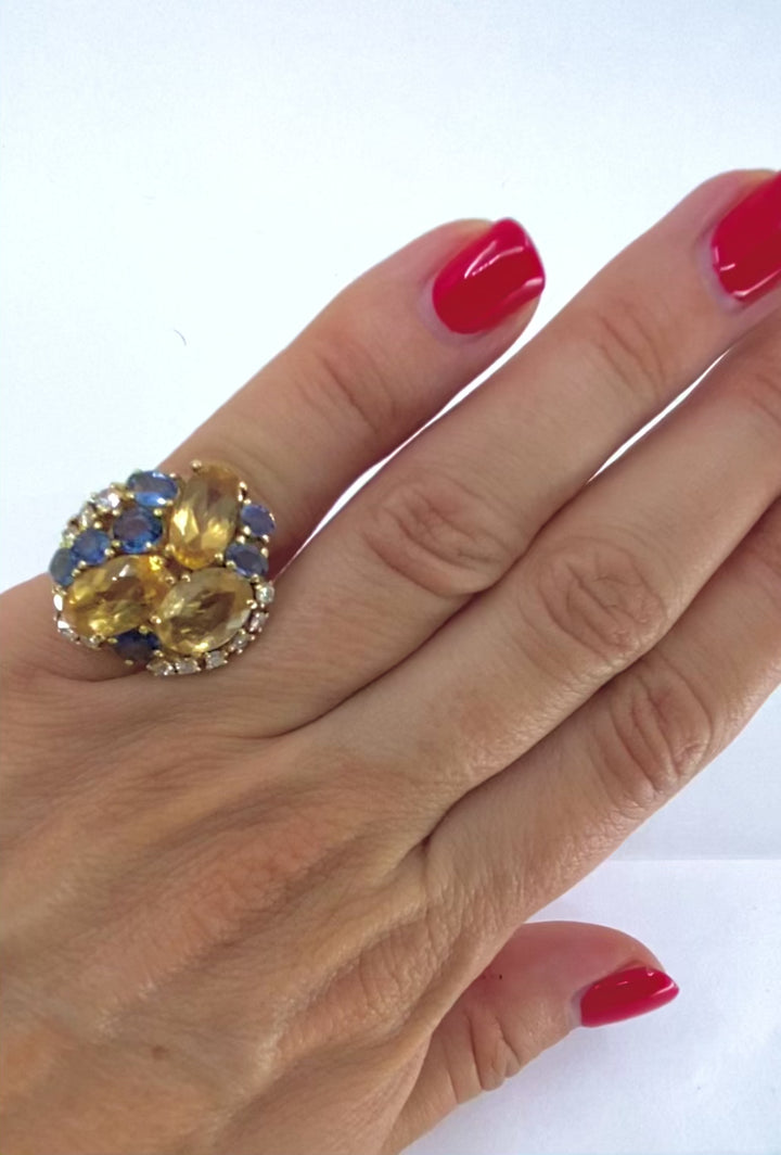 Vintage 14k Gold Imperial Topaz Blue Sapphire Diamond Cluster Cocktail Ring
