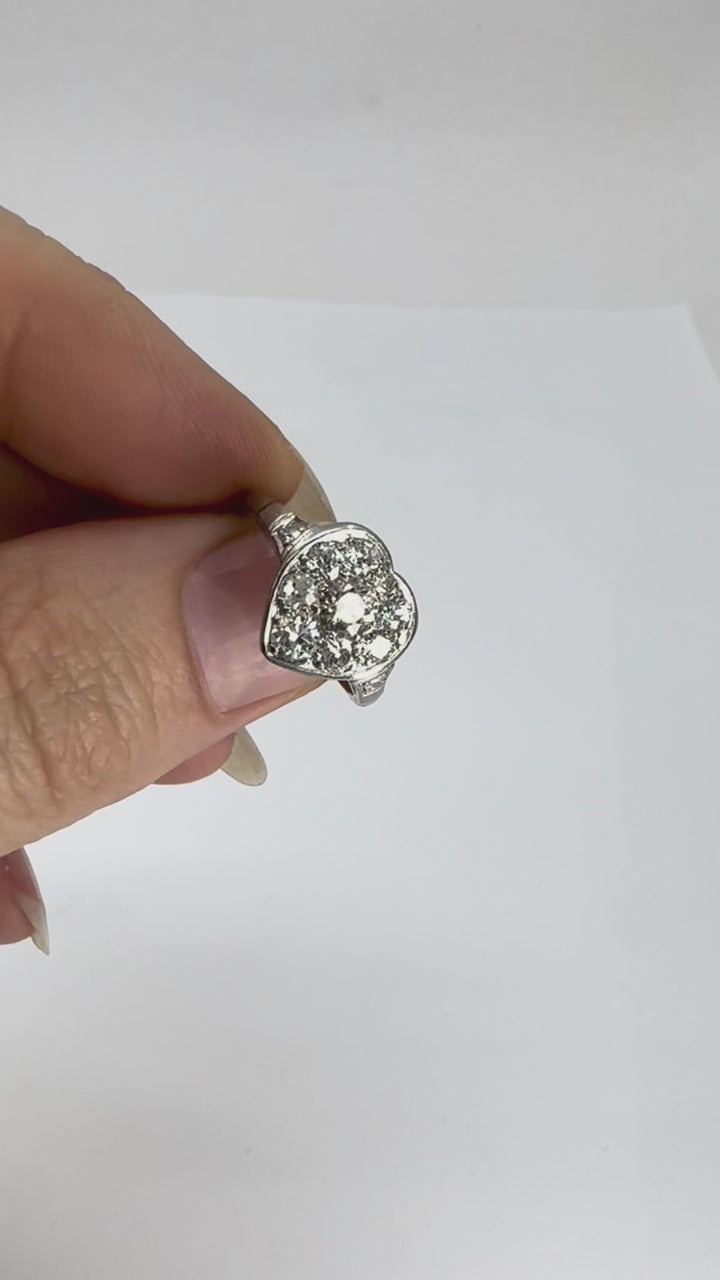 Vintage Art Deco Diamond Heart Cluster Ring 10k Gold Platinum
