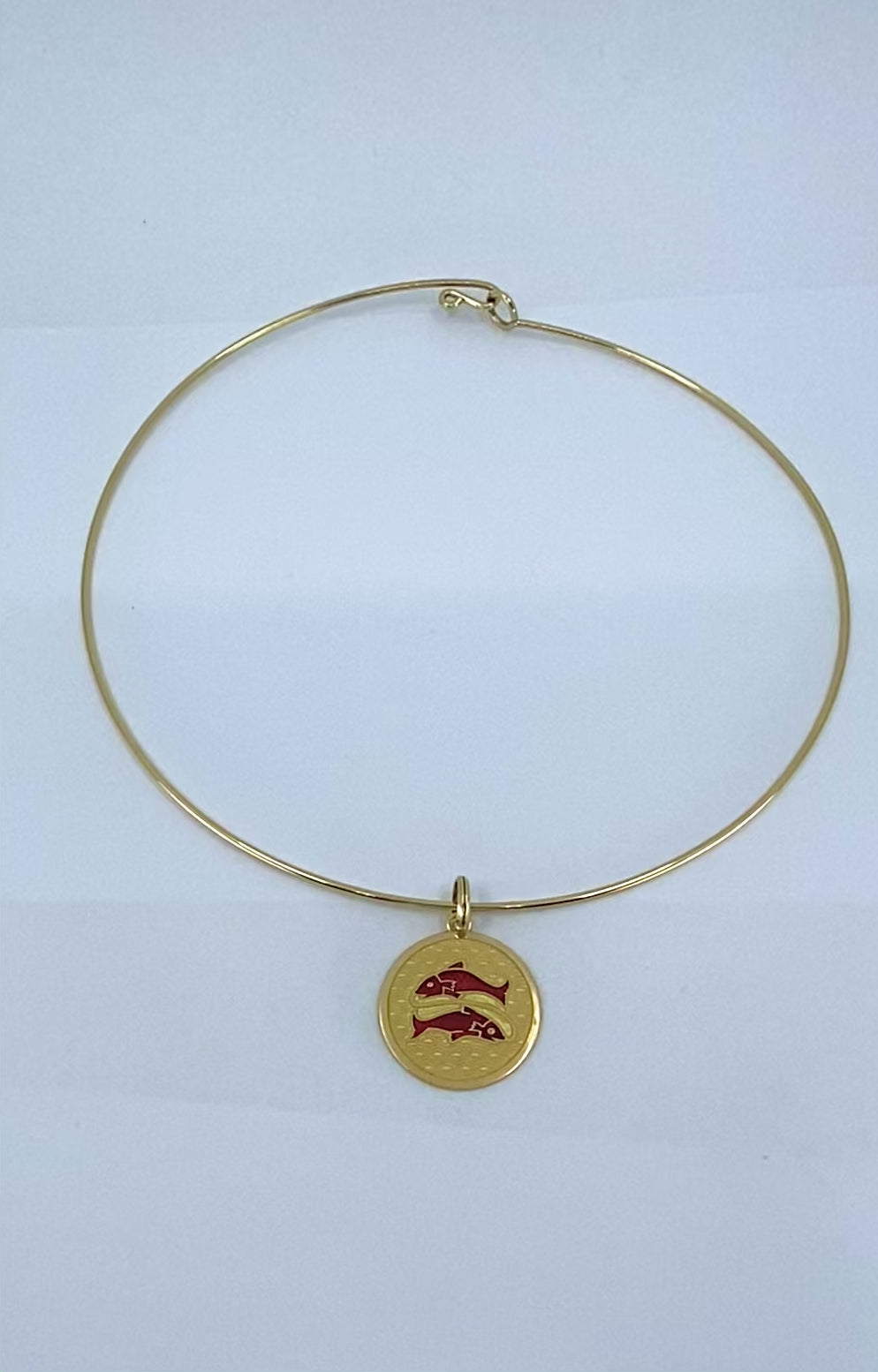 Vintage 18k Gold Red Enamel Necklace Pisces Pendant Zodiac Medallion