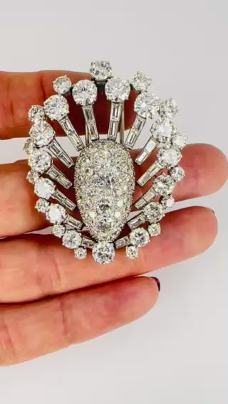 Vintage 1950s Platinum Diamond Peacock Brooch Clip Old European Baguette Cut