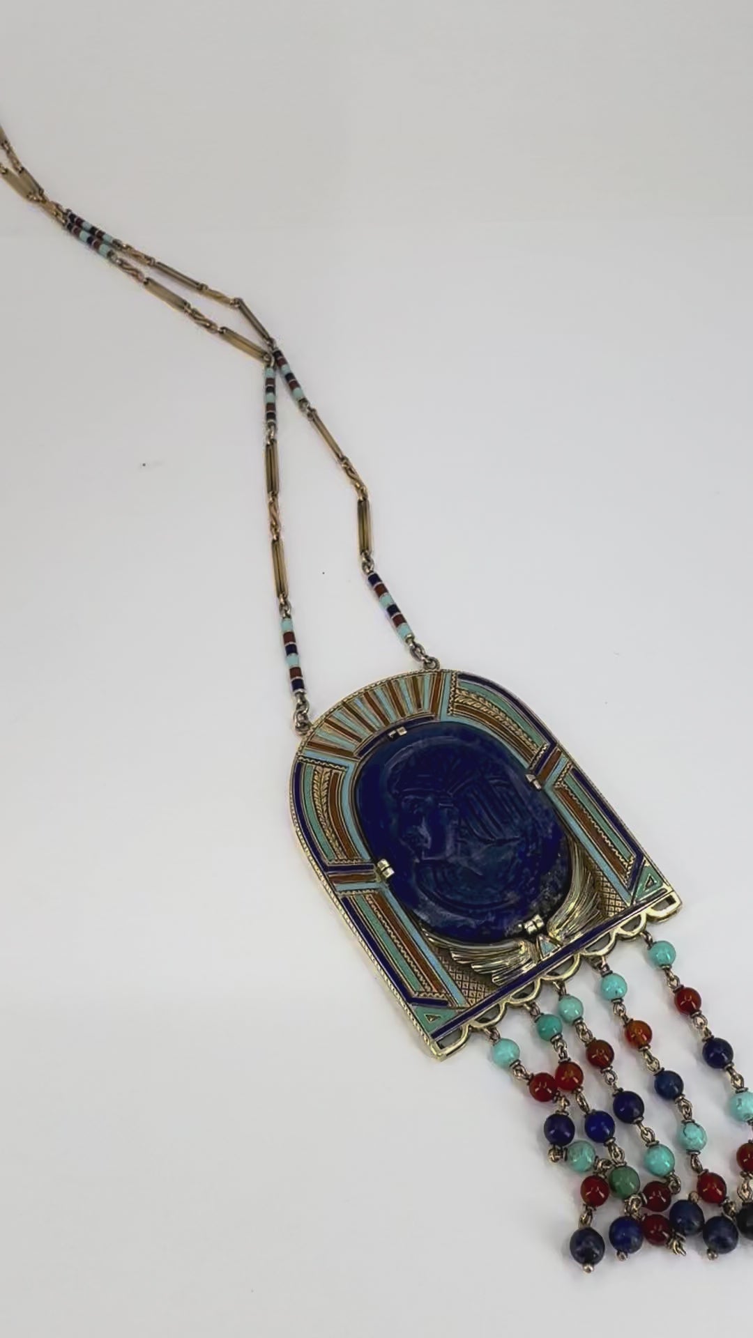 Egyptian Revival 14k Gold Gemstones Enamel Pendant Necklace