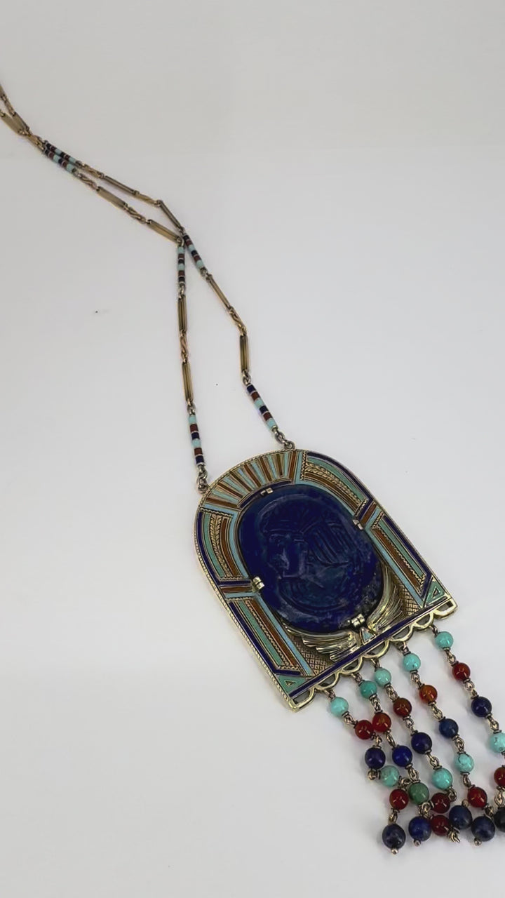 Egyptian Revival 14k Gold Gemstones Enamel Pendant Necklace