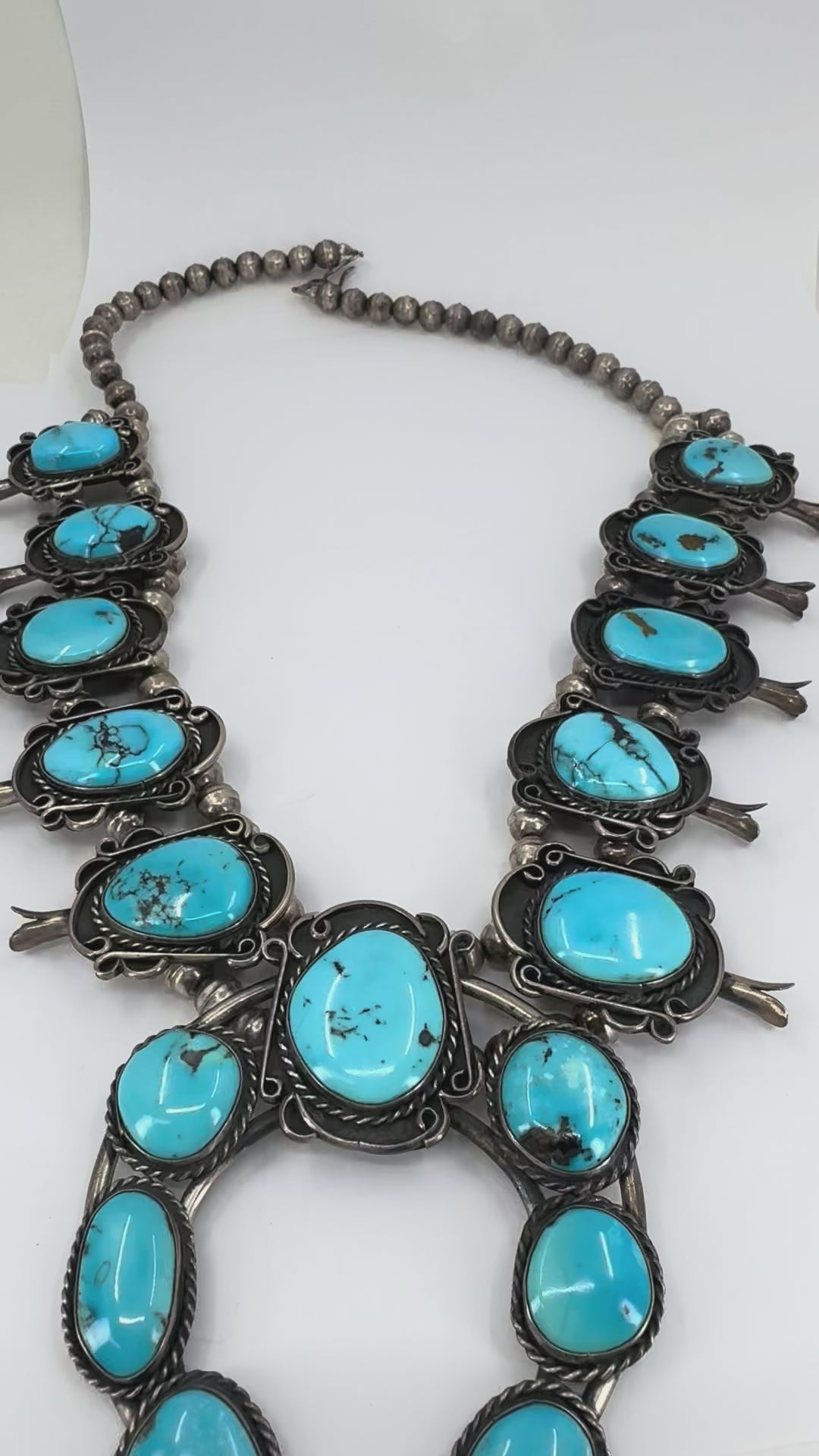 Navajo Native Indian Sterling Silver Turquoise Squash Blossom Necklace