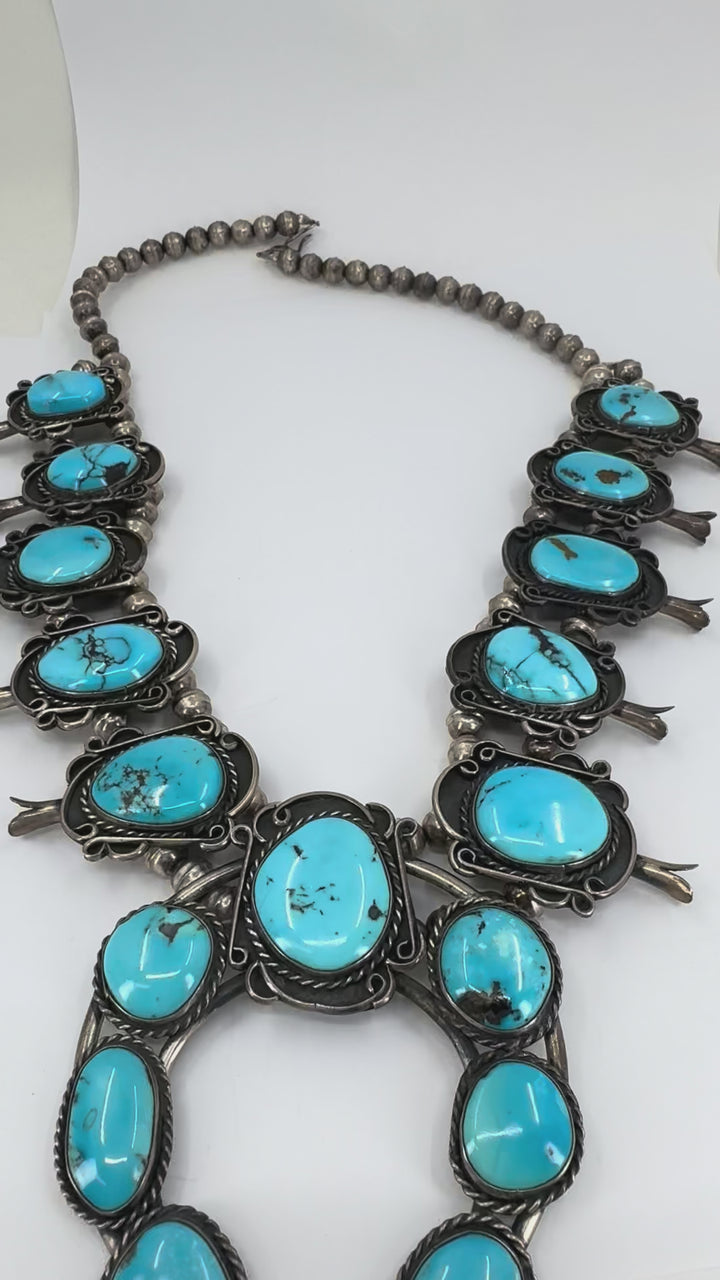 Navajo Native Indian Sterling Silver Turquoise Squash Blossom Necklace
