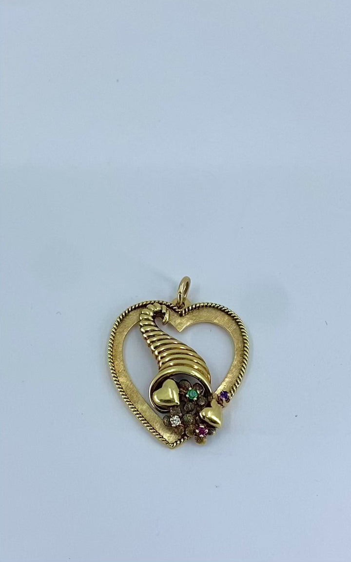 Vintage 14k Gold Heart Pendant Gemstone Cornucopia Design