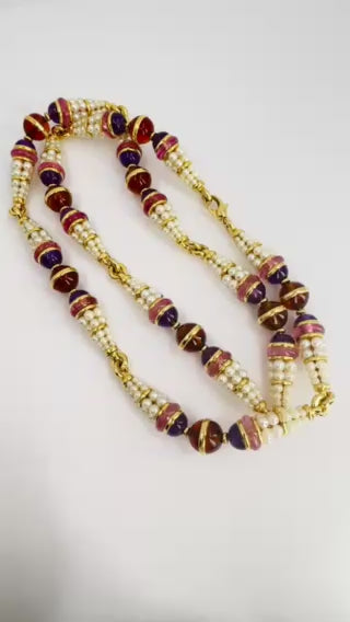 Vintage Bvlgari 1990s Bulgari 18k Gold Gemstone Pearl Necklace Estate Jewelry