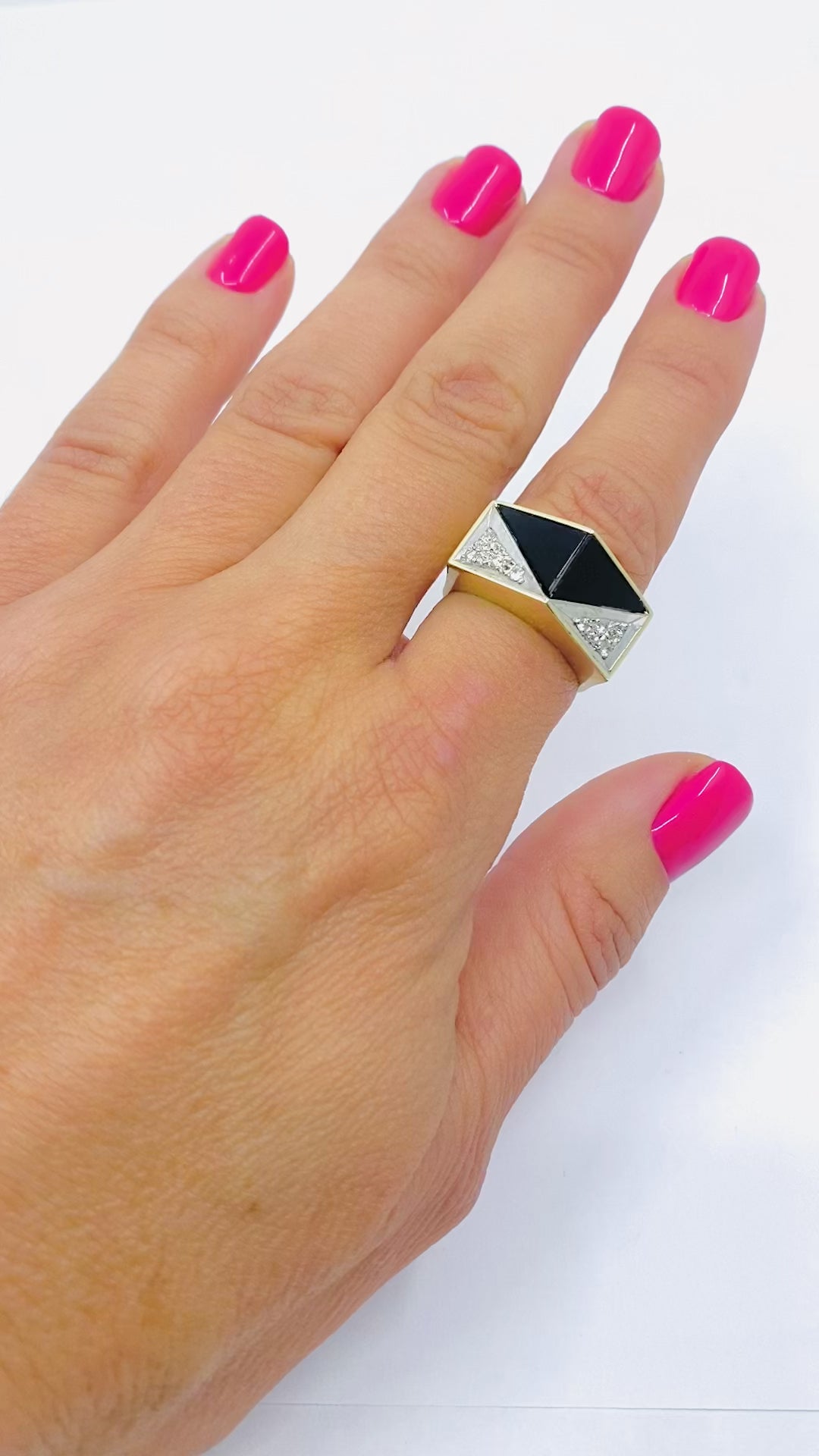 Vintage Geometric Ring 14k Gold Onyx Diamond