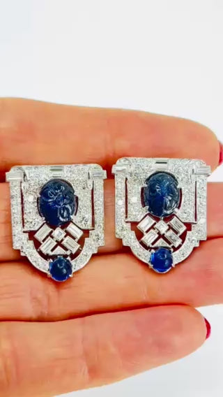 Vintage French Platinum Diamond Clips Carved Sapphire Estate Jewelry