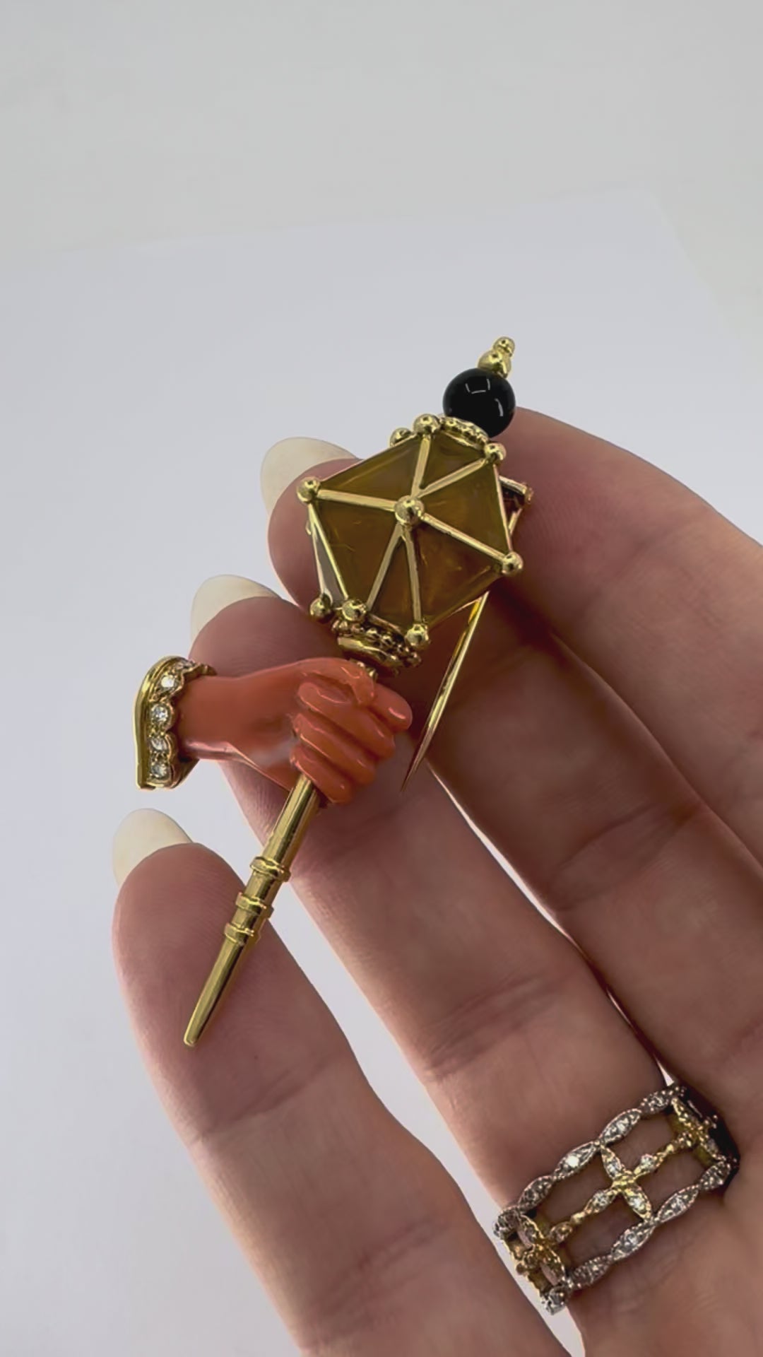 Vintage French 18k Gold Coral Diamond Clip Brooch