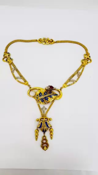Victorian Gold Snake Necklace Diamond Ruby Enamel, 1900s Antique