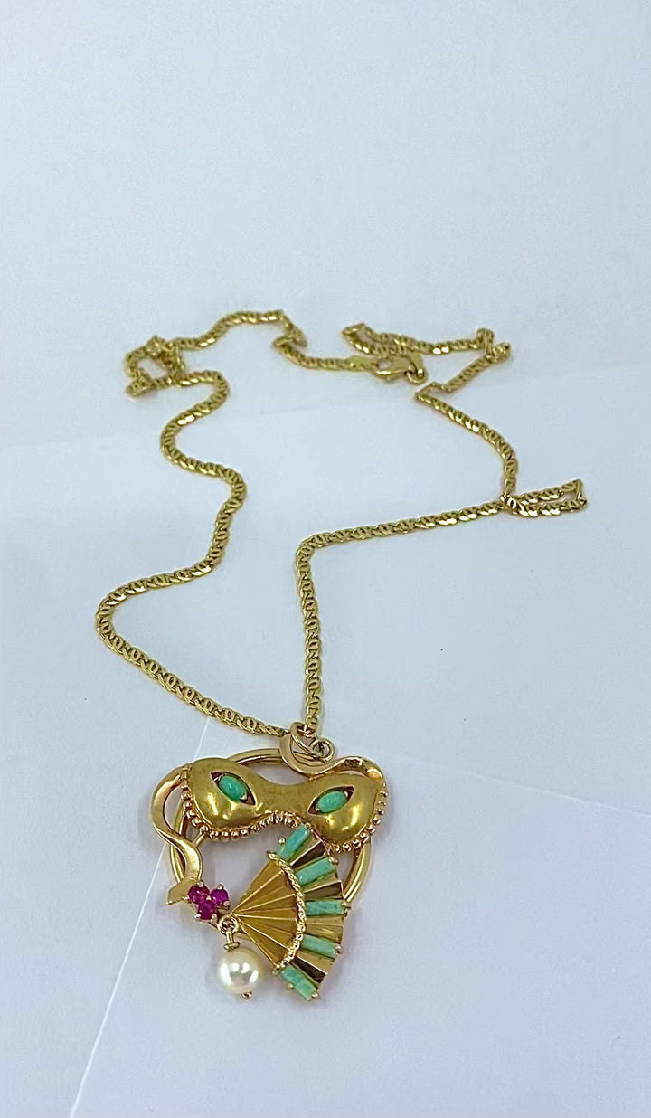Vintage 14k Gold Masquerade Pendant 18k Gold Chain Necklace
