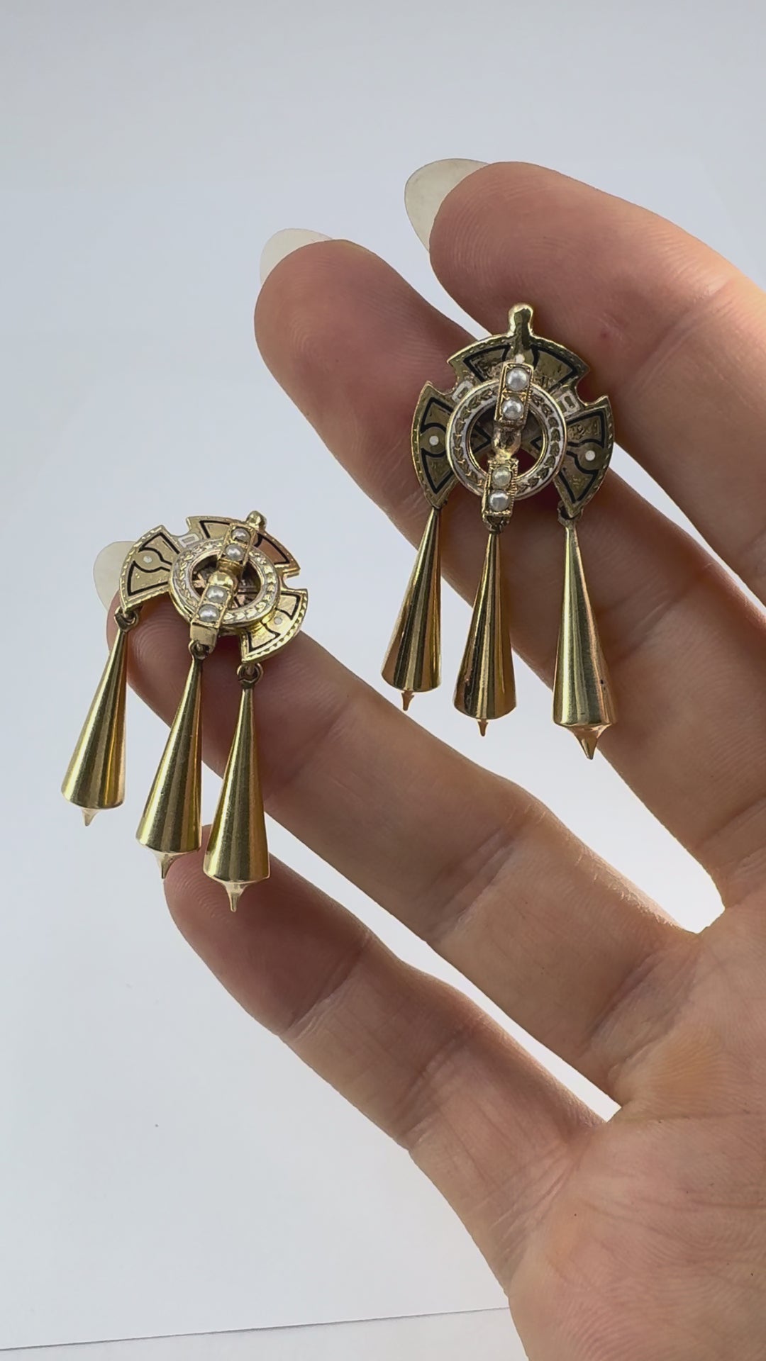 Victorian 14k Gold Enamel Seed Pearl Mechanical Drop Earrings