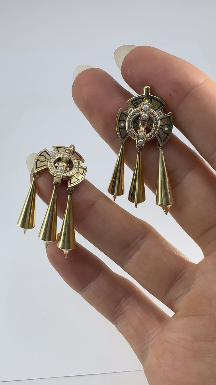 Victorian 14k Gold Enamel Seed Pearl Mechanical Drop Earrings