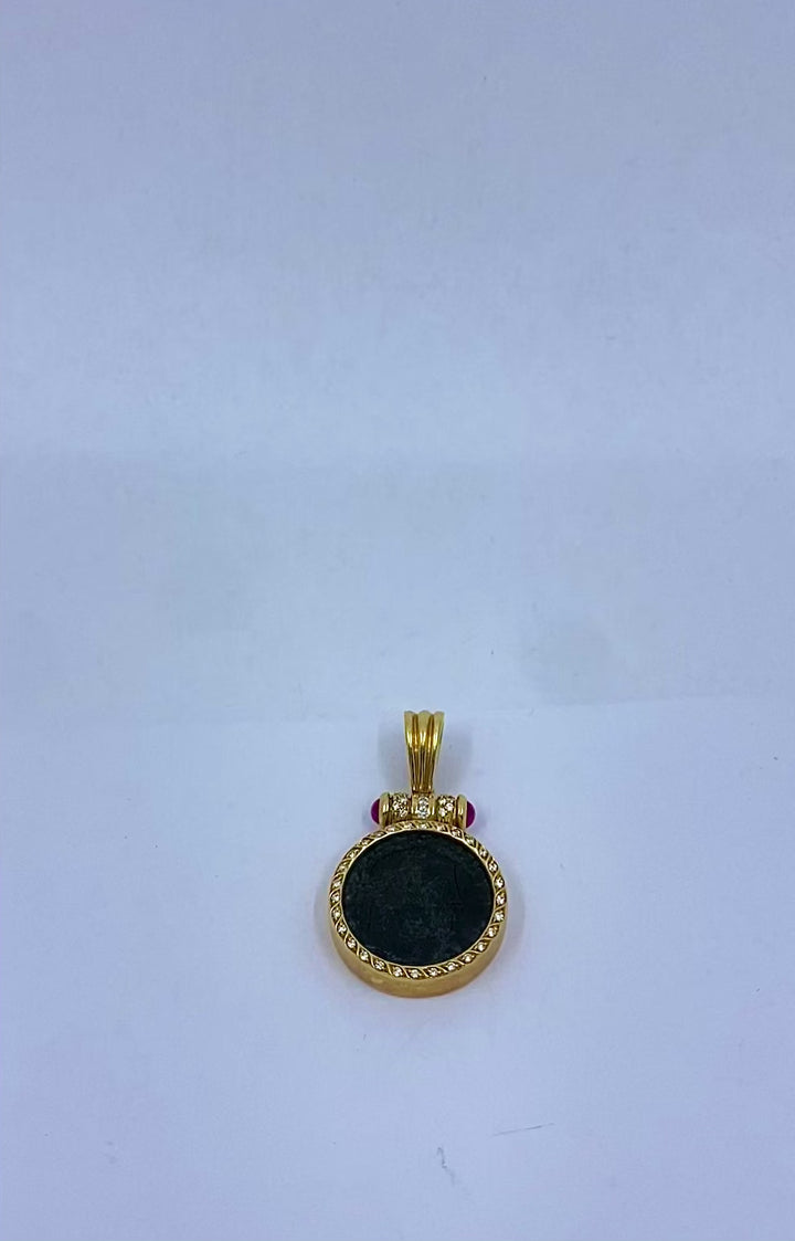 Ancient Coin 18k Gold  Diamond  Ruby Pendant