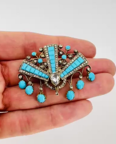 Victorian Brooch Gold Turquoise Diamond Antique