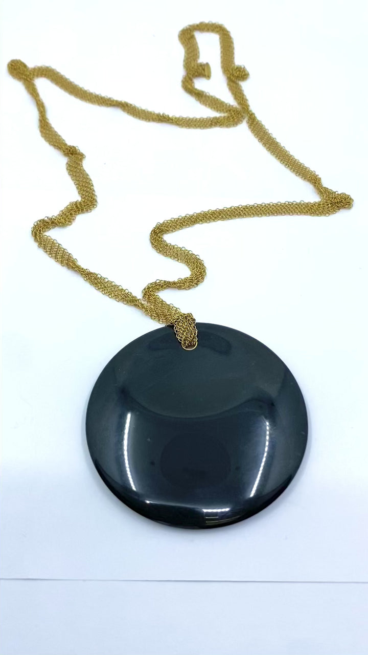 Elsa Peretti Tiffany & Co. Round Black Jade Pendant 18K Gold Mesh Necklace