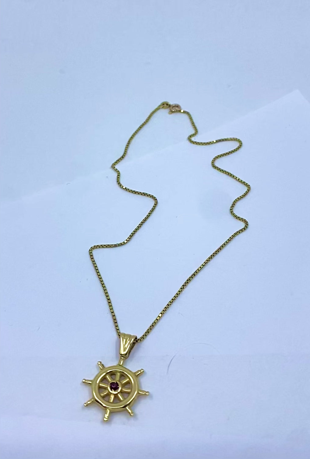 14K Gold Nautical Wheel Pendant Necklace Diamond Accent