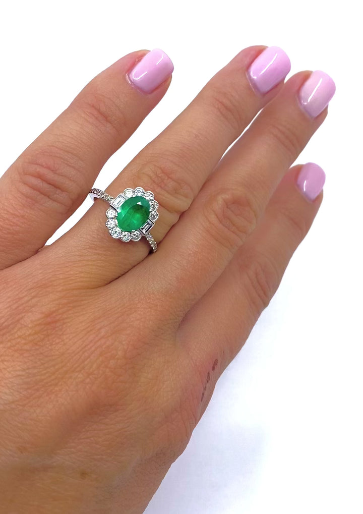 Emerald Ring 14k Gold Diamond Cluster Ring