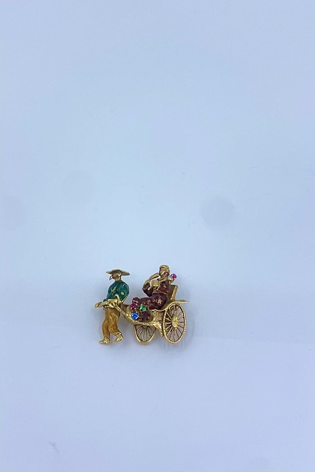 Vintage 18k Gold Riksha Brooch Pin Enamel Gemstone Accents