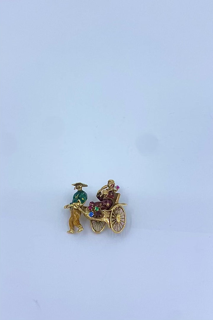 Vintage 18k Gold Riksha Brooch Pin Enamel Gemstone Accents