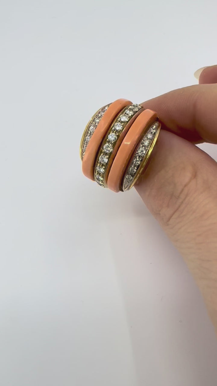 Vintage Italian 18k Gold Coral Diamond Ring