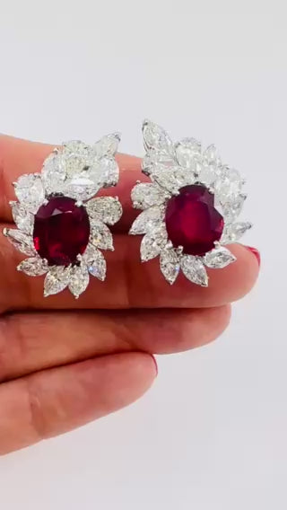 Ruby Earrings Cluster Diamond 18k Gold Mozambique Certified