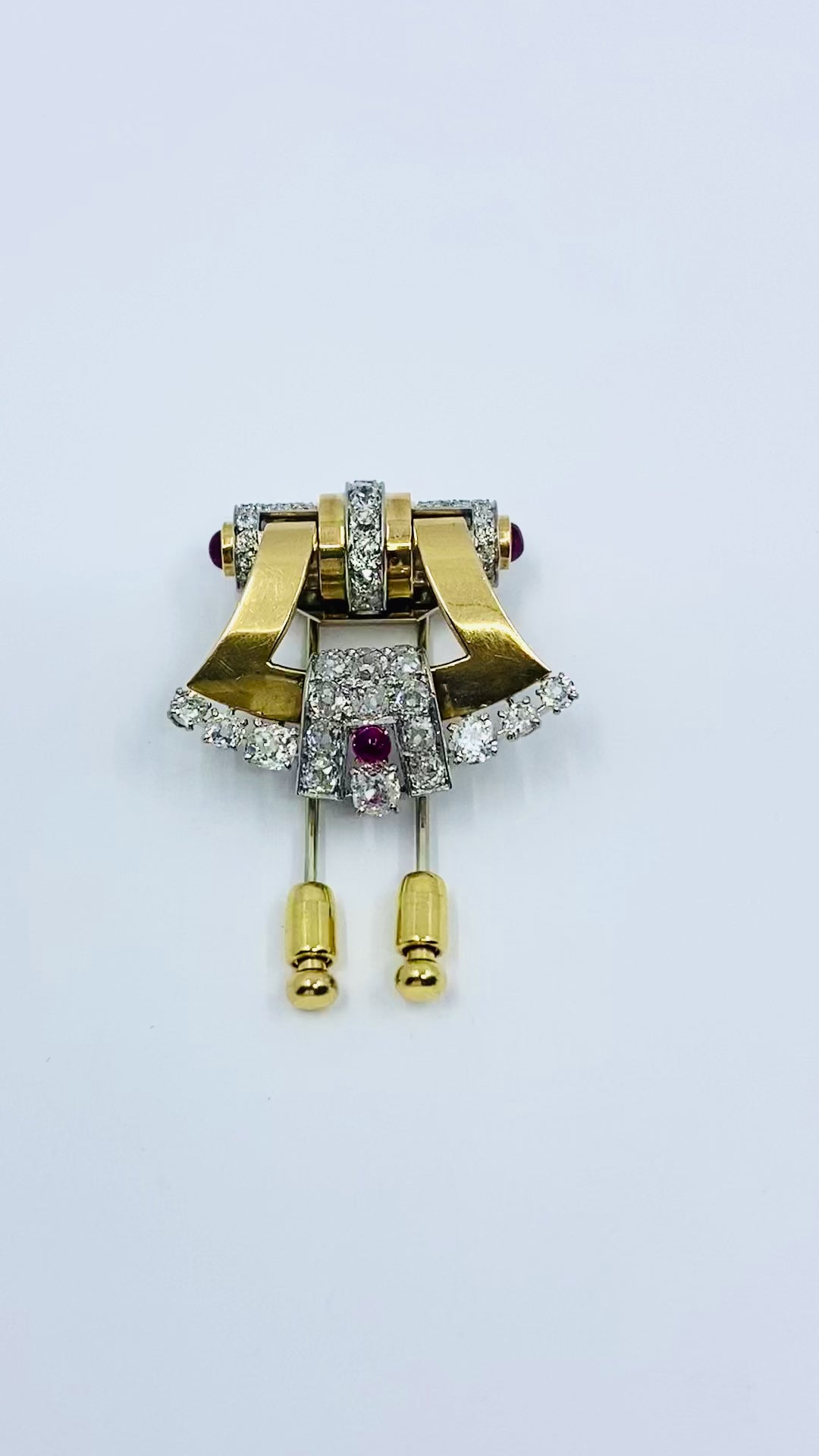 Mellerio Retro Yellow and White 18k Gold Diamond Ruby Brooch