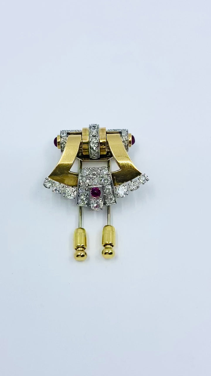 Mellerio Retro Yellow and White 18k Gold Diamond Ruby Brooch