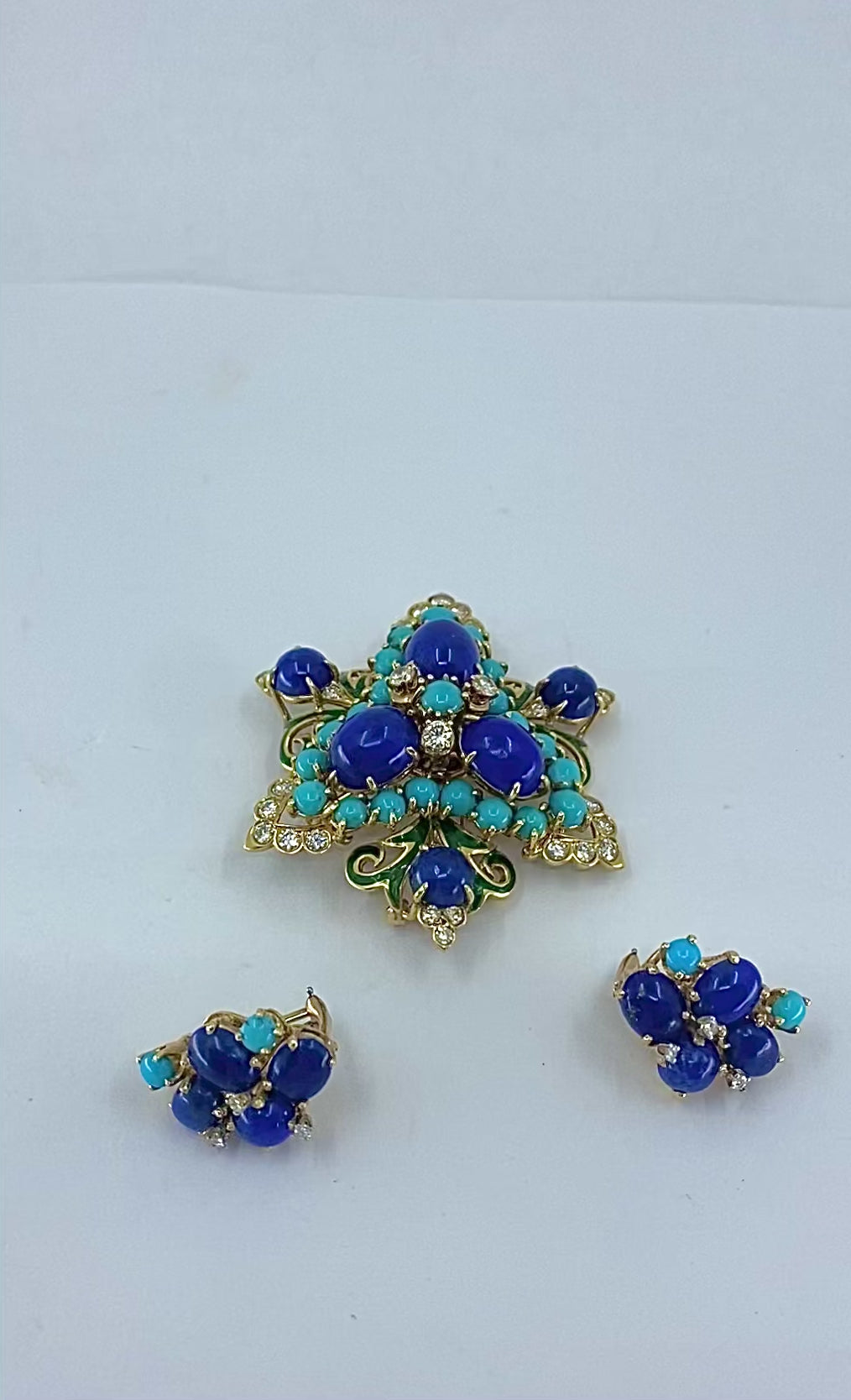 Vintage 14k Gold Lapis Lazuli Turquoise Diamond Brooch & Earrings Set