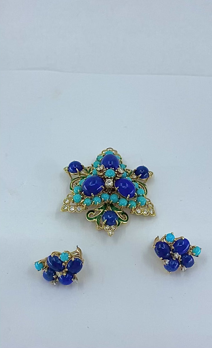 Vintage 14k Gold Lapis Lazuli Turquoise Diamond Brooch & Earrings Set