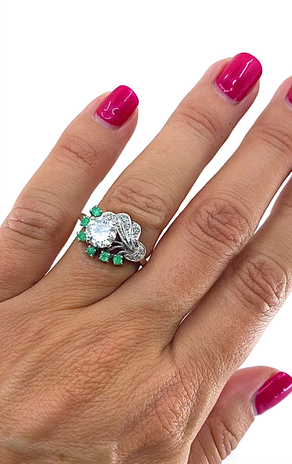 Vintage 14k White Gold Diamond  Emerald Cocktail Ring