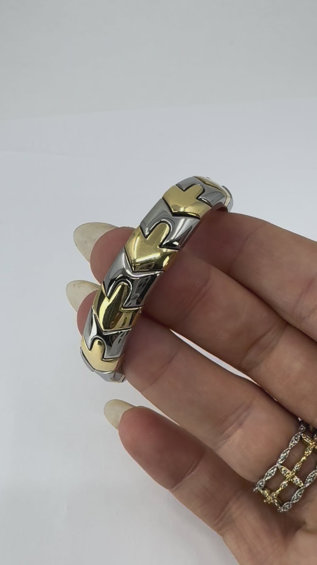 Vintage Bvlgari 18k Gold Steel Alveare Cuff Bracelet