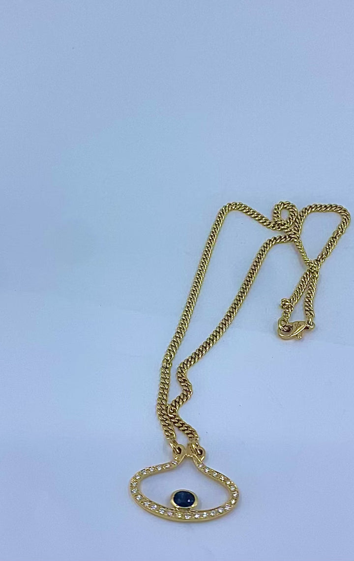 14k Gold Diamond Sapphire Pendant Necklace Eye Motif
