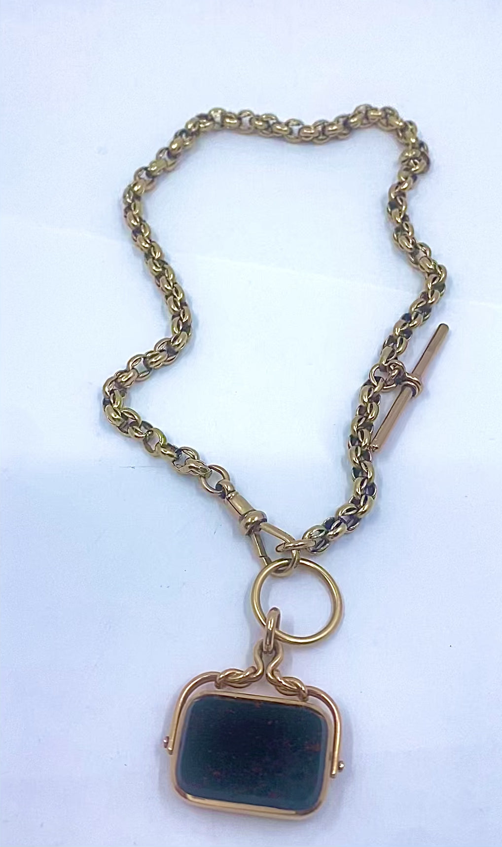 Antique 9k Gold Albert Chain Necklace Bloodstone Agate Pendant