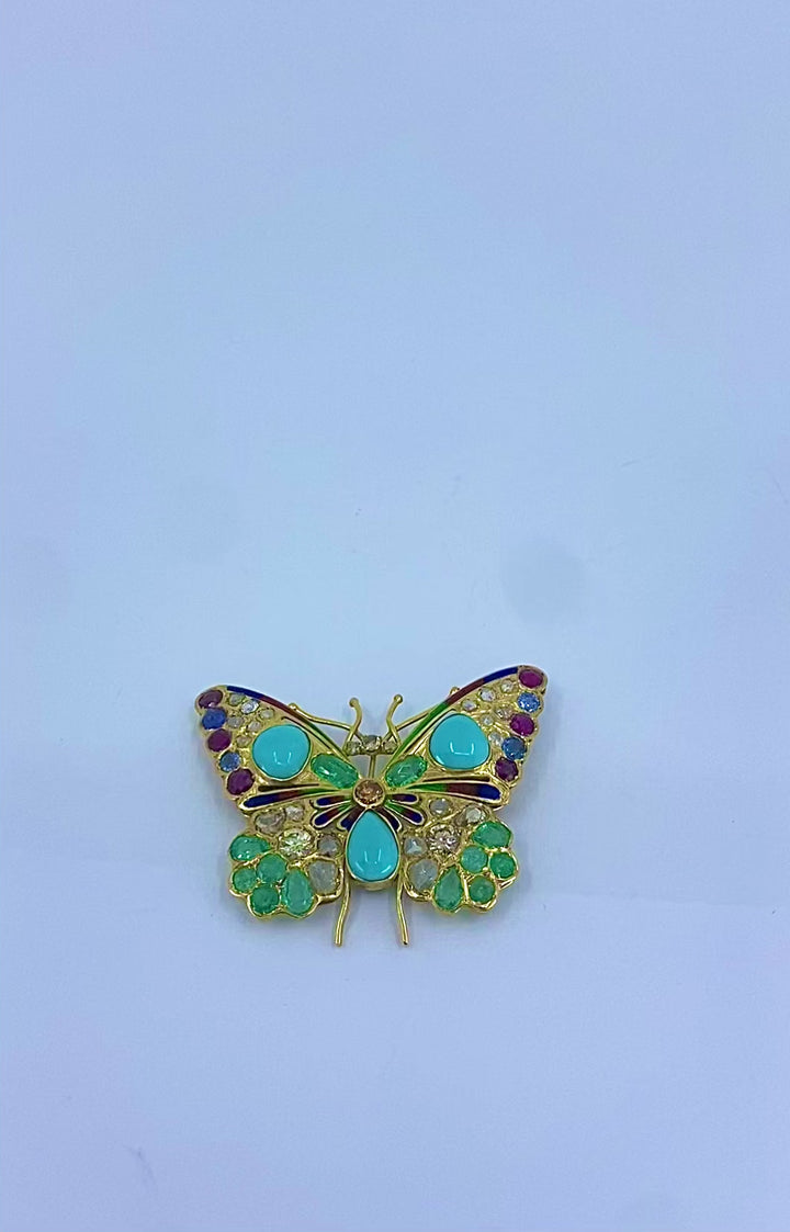 Vintage 18k Gold Multigem Butterfly Brooch Statement Insect Jewelry