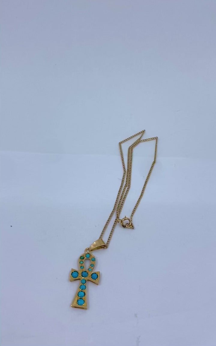 Vintage 21k Gold Turquoise Ankh Pendant 14k Gold Chain Necklace