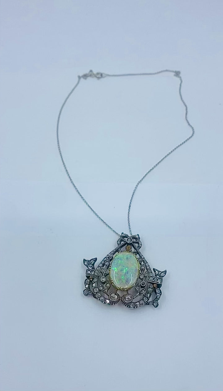 Vintage Opal Diamond Pendant 10k Gold Silver and 18k Gold Chain
