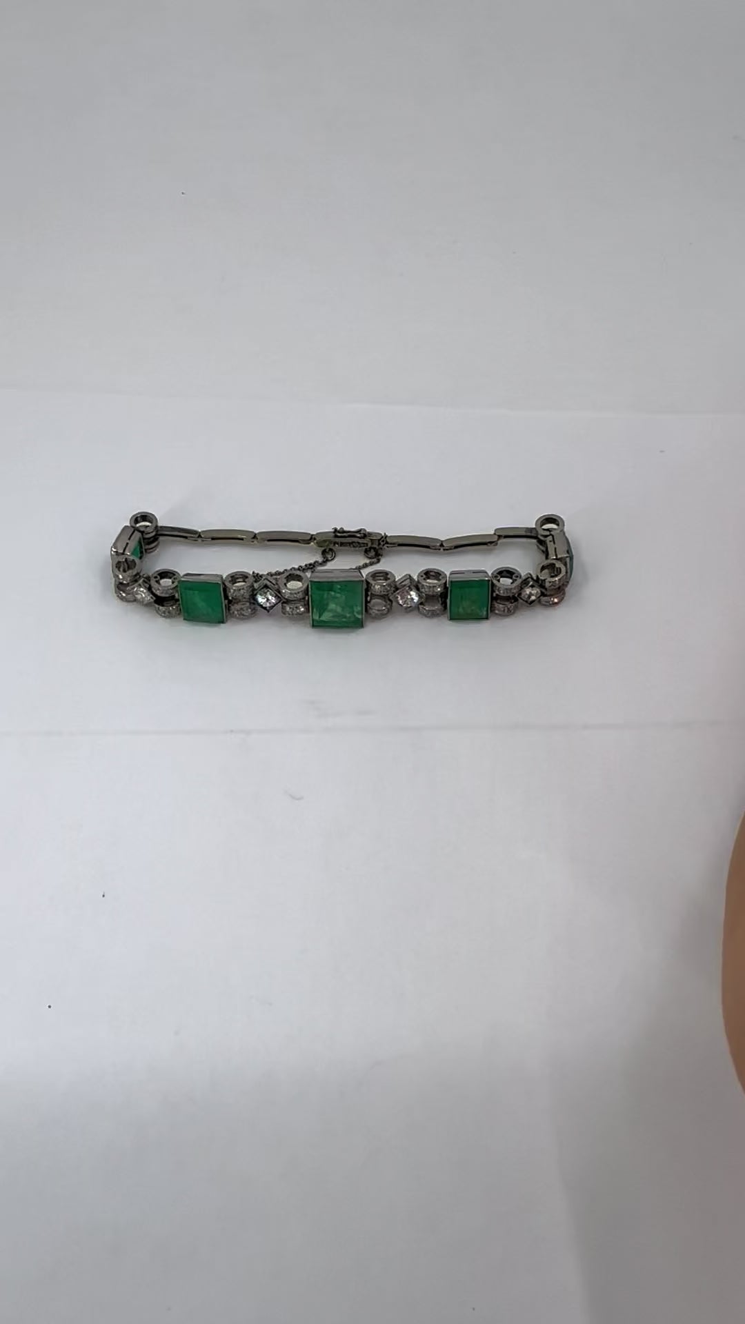 Victorian 18k White Gold Emerald Diamond Bracelet